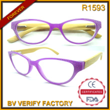 R1593 Vogue Female Style Bamboo Temples Reading Glasses Decorated with Rhinestone